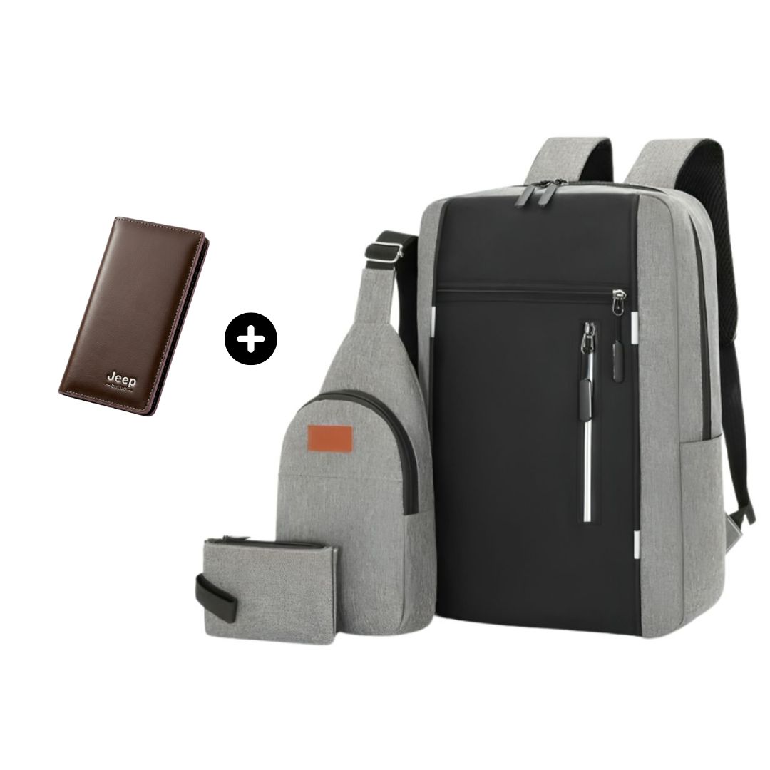 4PCS Combo Pack Men’s Casual Waterproof Laptop Backpack Set College & Computer Bag With Wallet – Gray